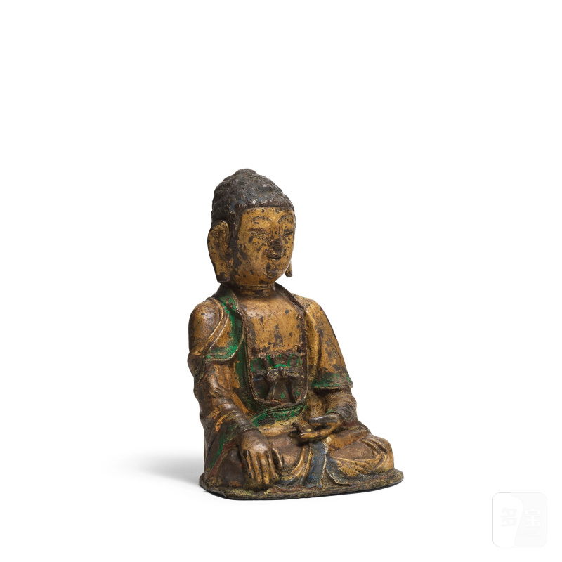 明晚期 銅加彩佛像 | PETITE STATUETTE DE BOUDDHA ASSIS EN BRONZE POLYCHROME - 图3